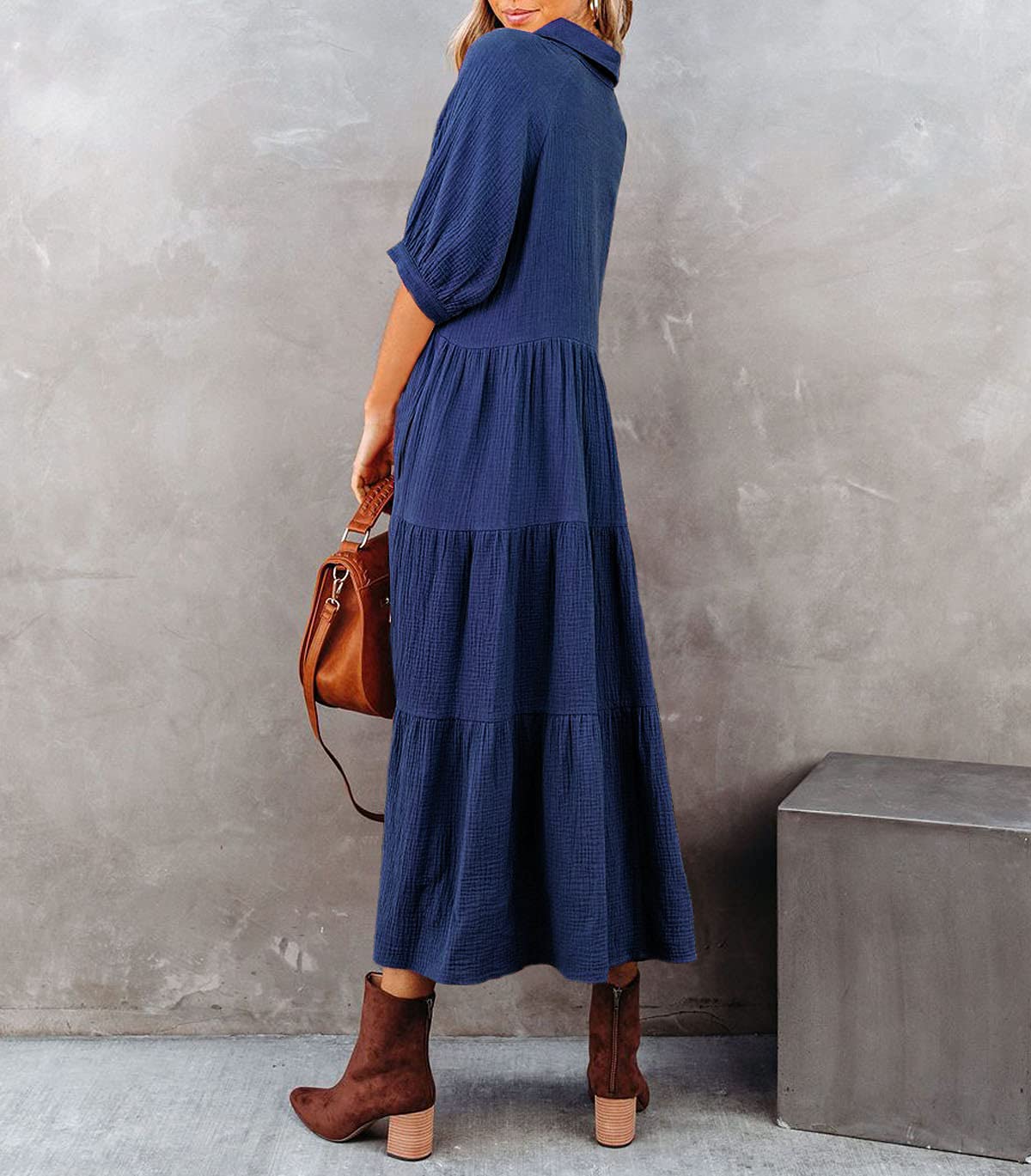 Damen Sommer Baumwolle Halbarm Midikleid mit Taschen