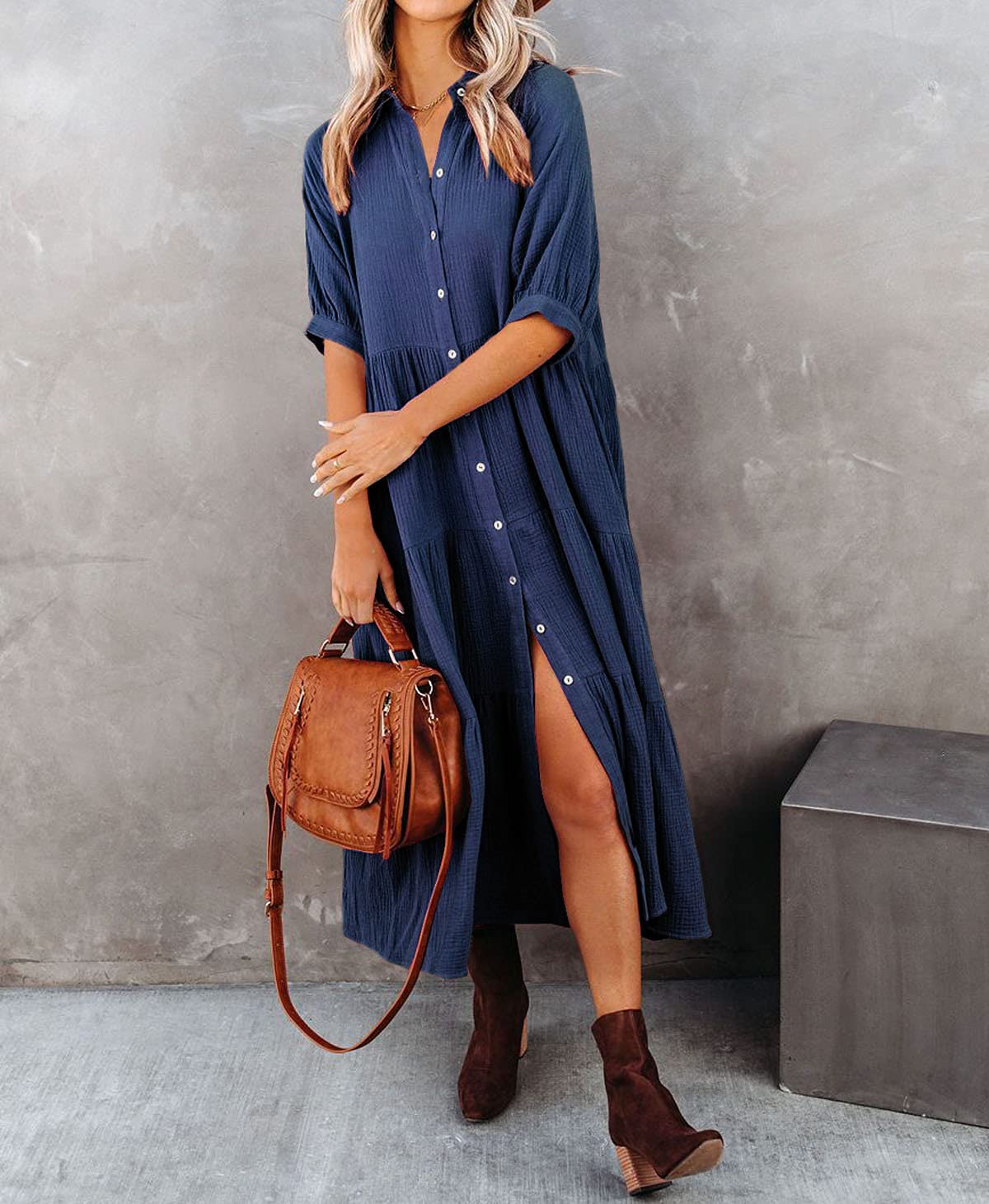 Damen Sommer Baumwolle Halbarm Midikleid mit Taschen