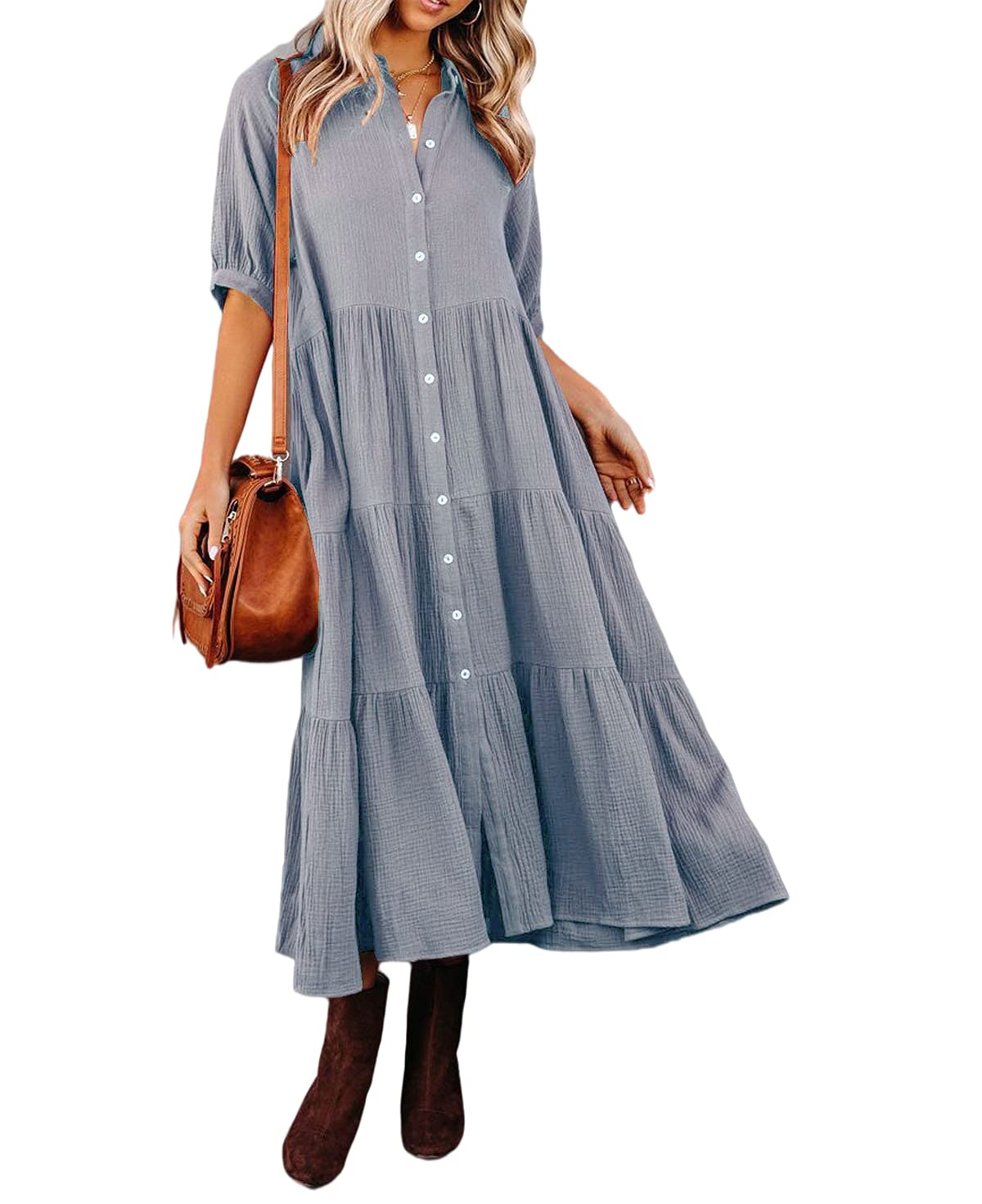 Damen Sommer Baumwolle Halbarm Midikleid mit Taschen