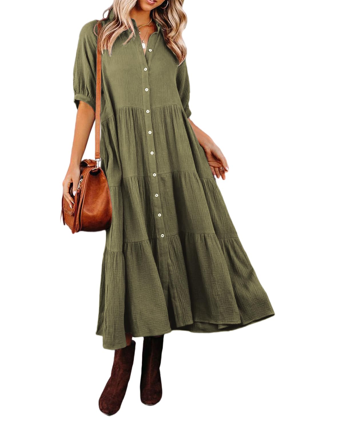 Damen Sommer Baumwolle Halbarm Midikleid mit Taschen