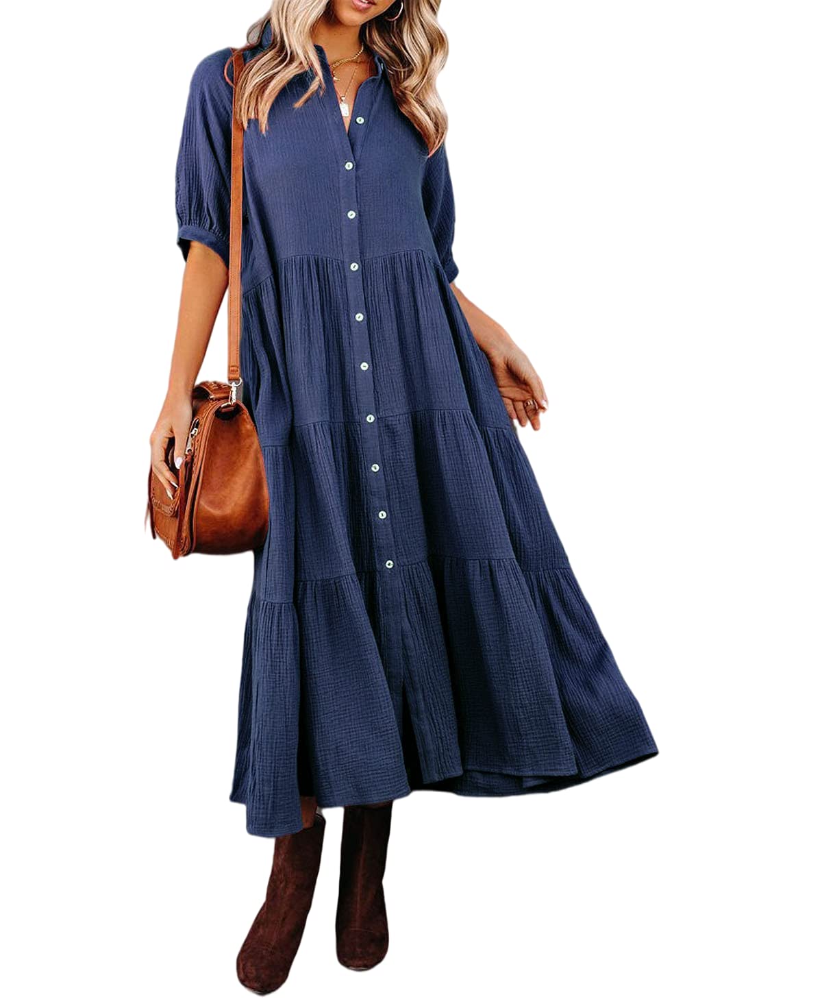 Damen Sommer Baumwolle Halbarm Midikleid mit Taschen